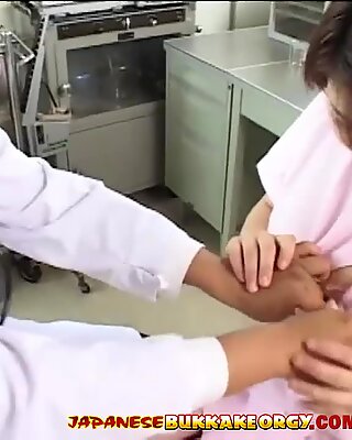 Japanese Nurse with big natural tits gets cum covered